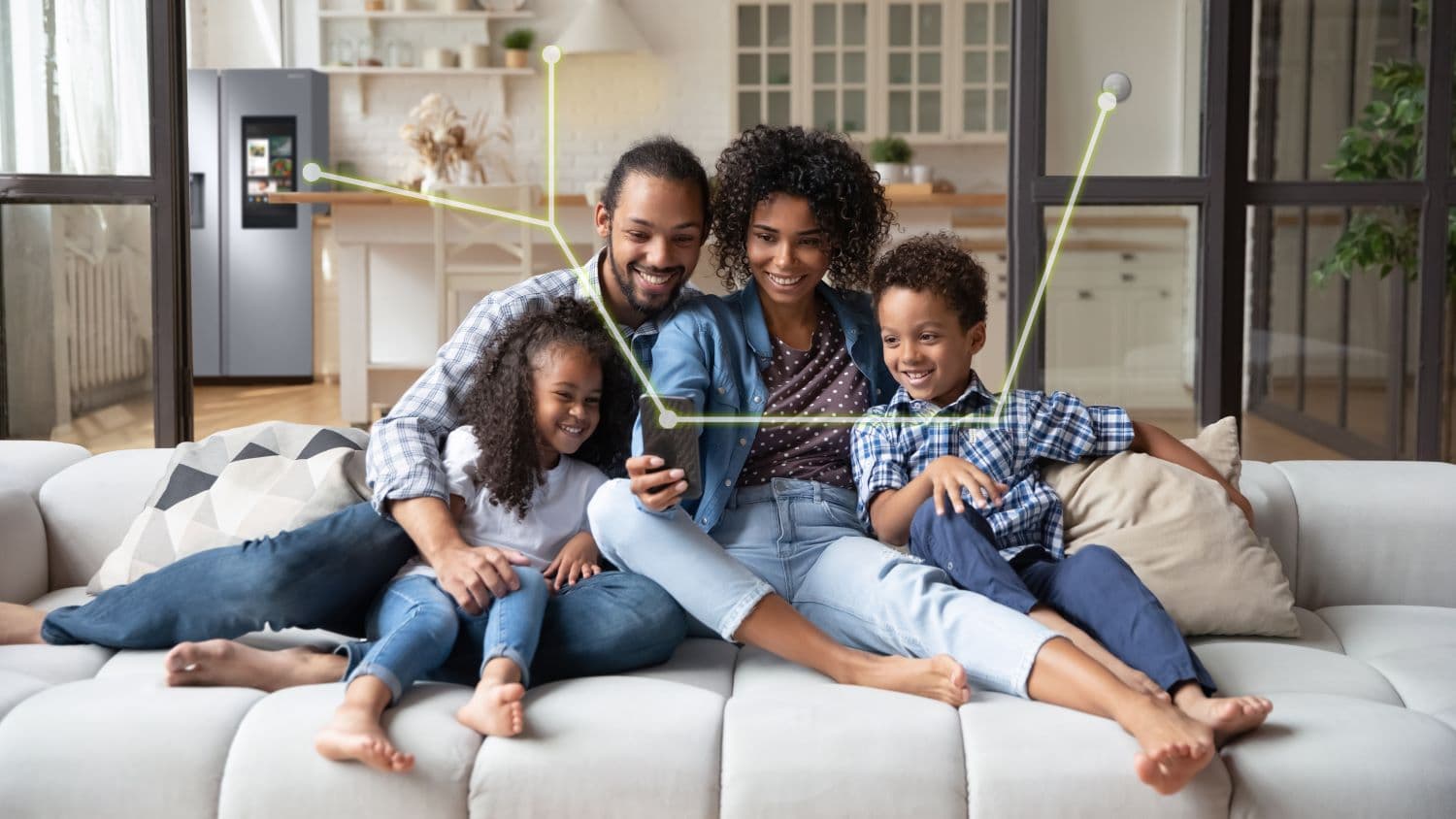 Family on couch with smart home devices